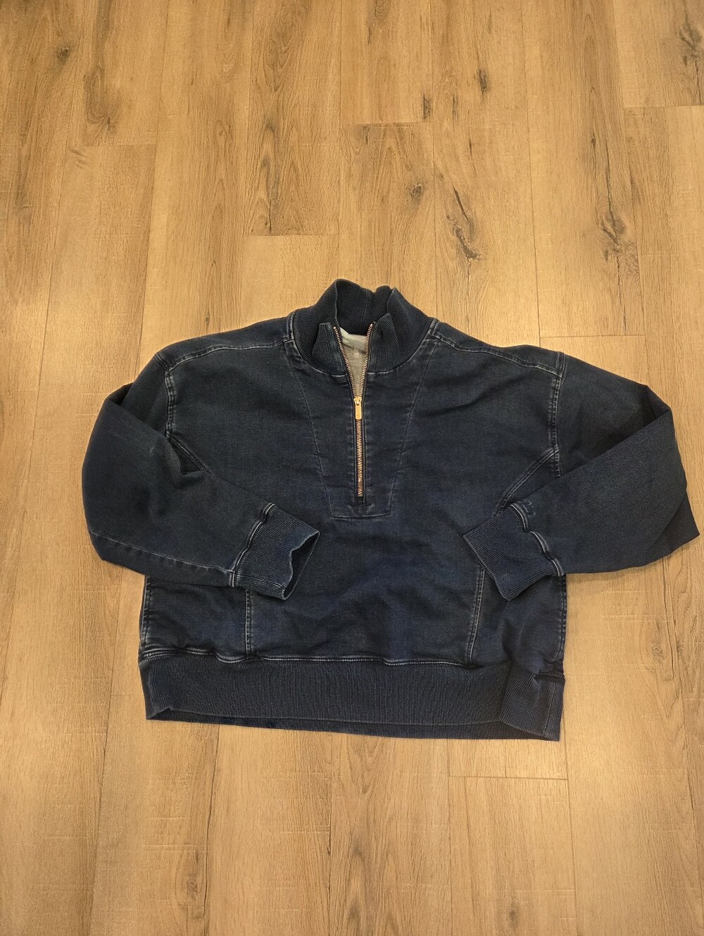 Calia Denim Scuba 1/4  Gold Zip Womens Lg Jacket Slightly Cropped Ribbed Pockets